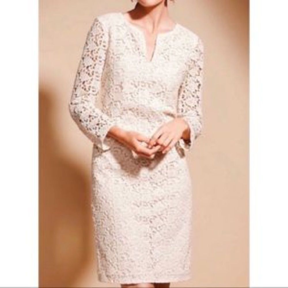 Talbots scoop neck 3/4 sleeve cream lace overlay sheath